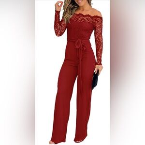 Chic Off-Shoulder Burgundy Lace Jumpsuit